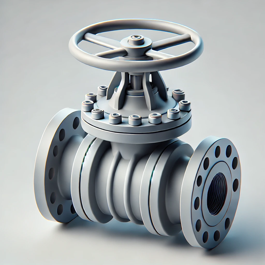 3D Model of a diaphragm valve with a flanged connection, featuring a handwheel for manual operation and a flexible diaphragm mechanism